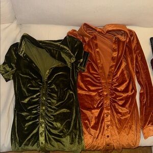 Velvet Button-Up Dresses in Green and Orange